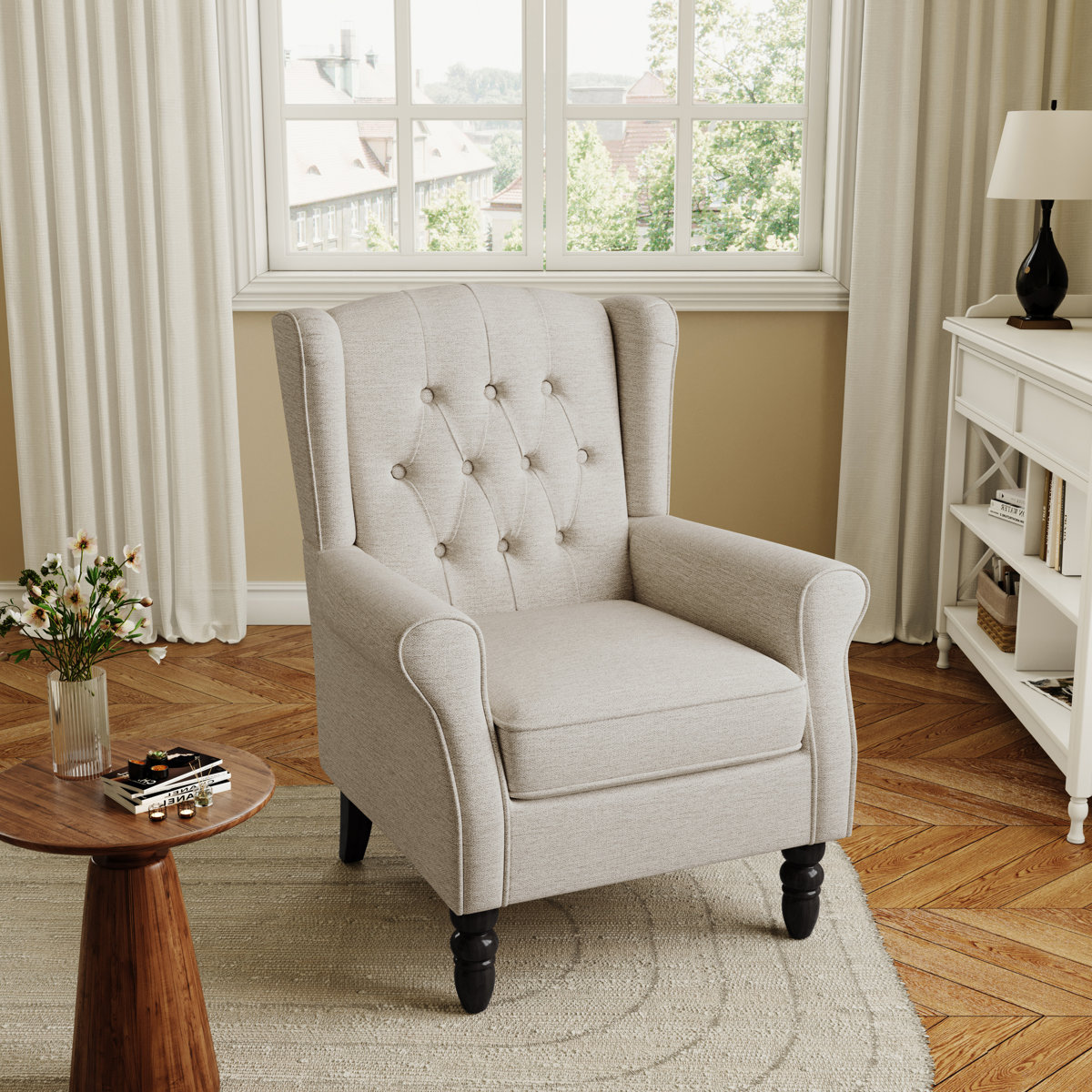 Duward Upholstered Beige Button Tufted Wingback Accent Chair with Rolled Arm and Thick Padded Cushion