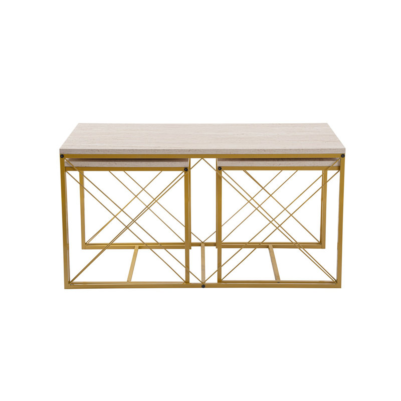 Modern Coffee Table Set (3 Pieces), Travertine & Gold, Large Table: 39.4 x 20.5 x 19.7 inches | Small Tables: 17.7 x 20.5 x 17.7 inches | 100% Melamine Coated Particle Board with Metal Legs | Elegant Glam Design for Living Room