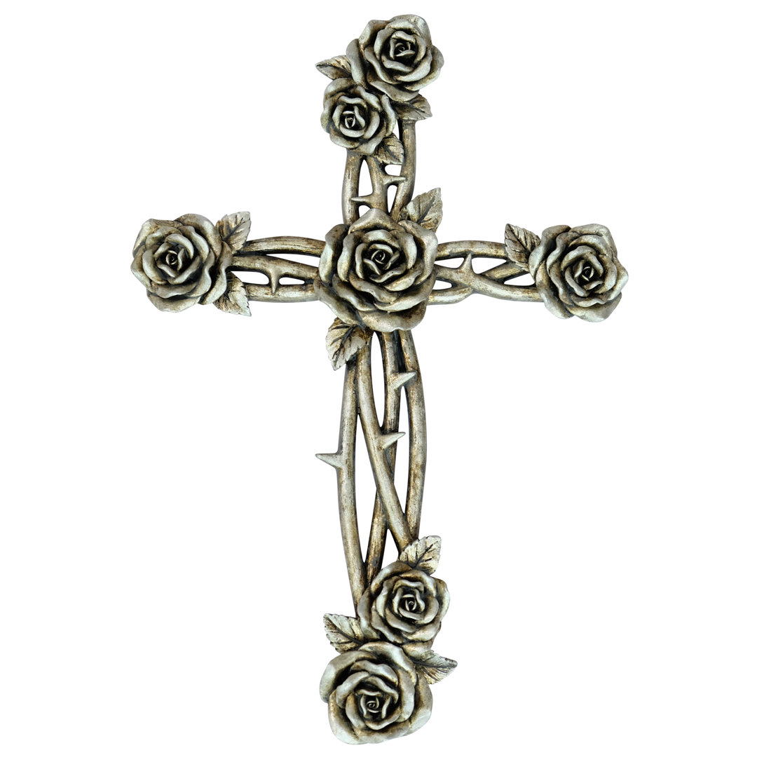 Polyresin Silver Rose and Thorns Hanging Wall Cross Décor De Leon Collections