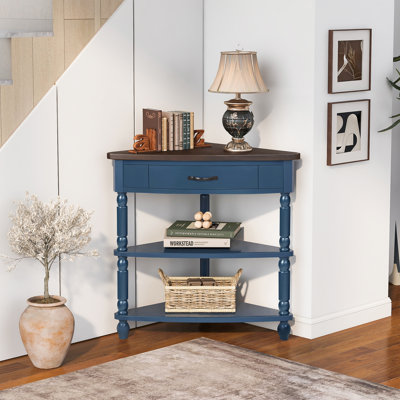 Petite table d'angle 33,8 po, table de bout en bois pour petits espaces / salon, table de bout à 3 niveaux avec pieds en bois massif, plateau bleu marine et espresso