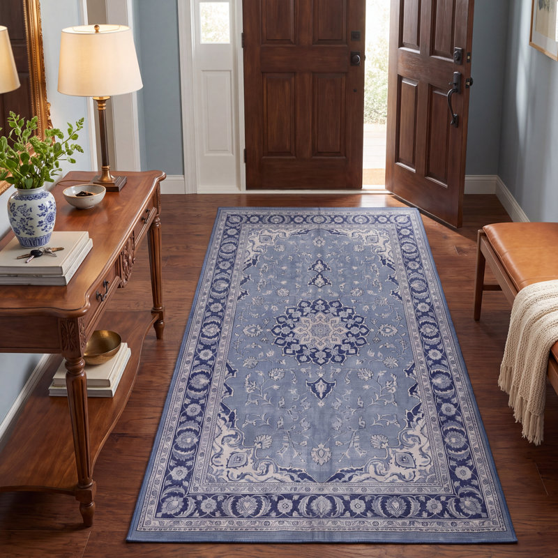 Tapis Laurel traditionnel, style persan audacieux, bleu, gris et crème, lavable à la machine, antidérapant, à poils courts, pour l'intérieur et l'extérieur, adapté aux animaux domestiques, idéal pour le salon, la chambre, la salle à manger, l'entrée, le couloir ou le bureau.