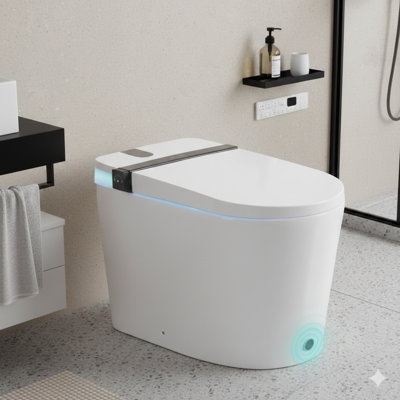 Toilette intelligente avec siège de bidet intégré, avec ouverture / fermeture automatique du couvercle, contrôle du capteur au pied, affichage d'informations à DEL, veilleuse, lavage à l'eau chaude et sécheuse, voyant lumineux rotatif et bouton latéral avec plusieurs options de contrôle.
