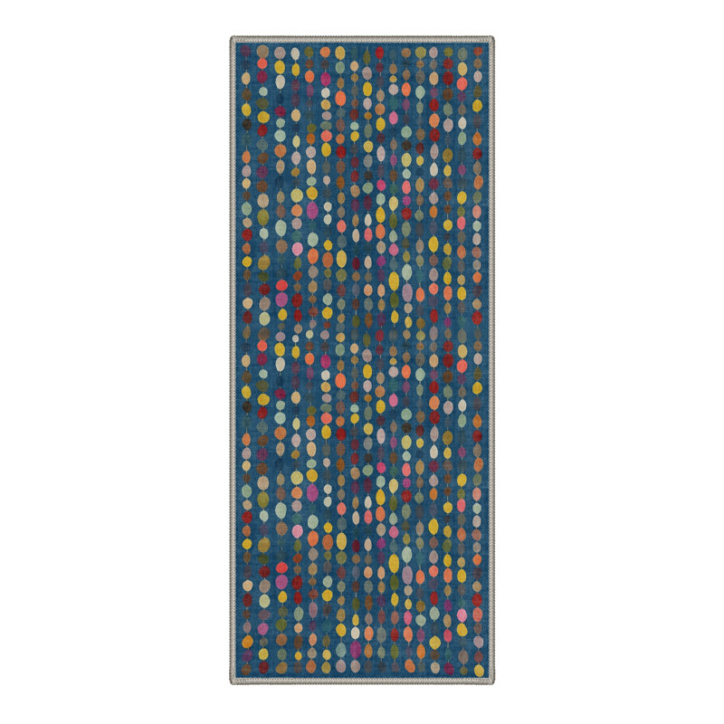 Aamir Evoque Modern Machine Washable Beige Indoor Area Rug with Non-Slip Backing, Round 5', Navy Blue