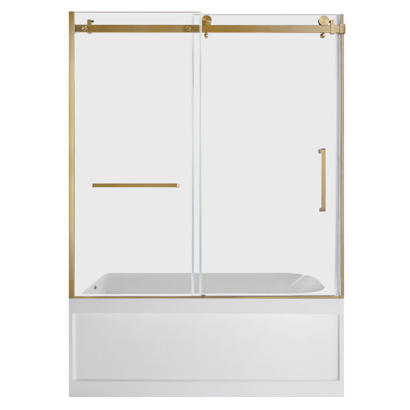 Kingston Brass 60-Inch Acrylic Rectangular 3-Wall Anti-Skid Alcove Tub With Tub Door, Drain, Brushed Brass, Left