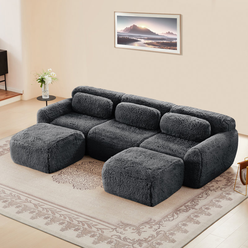 Canapé à compression, canapé en forme de U, pour le salon, Fausse fourrure grise foncée, H 28,7 po x l 114,7 po x P 70,4 po