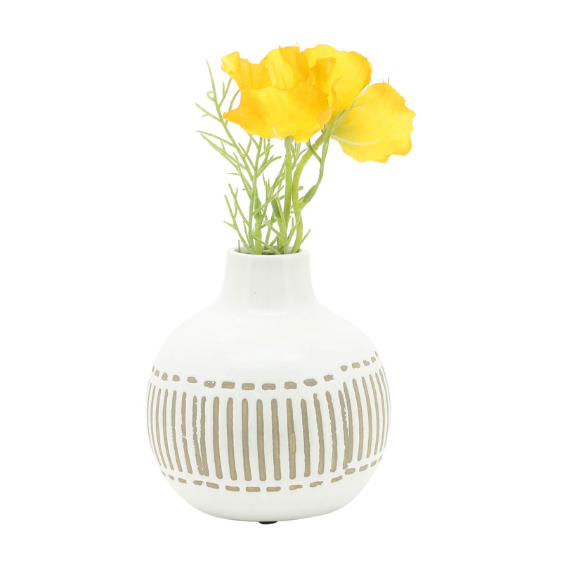 Aalyssa Vase Stoneware Ceramic Handcrafted Boho Style with Etched Linear Detailing and Rounded Silhouette for Modern Global Inspired Decor Accent Display Contemporary Shelf Mantel Styling