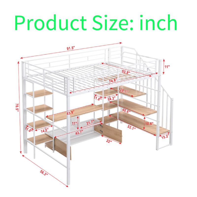 Lit mezzanine double avec table de rangement basse, structure en métal robuste, 2 tablettes à 4 niveaux et rangement en filet, conception multifonctionnelle peu encombrante avec garde-corps de sécurité