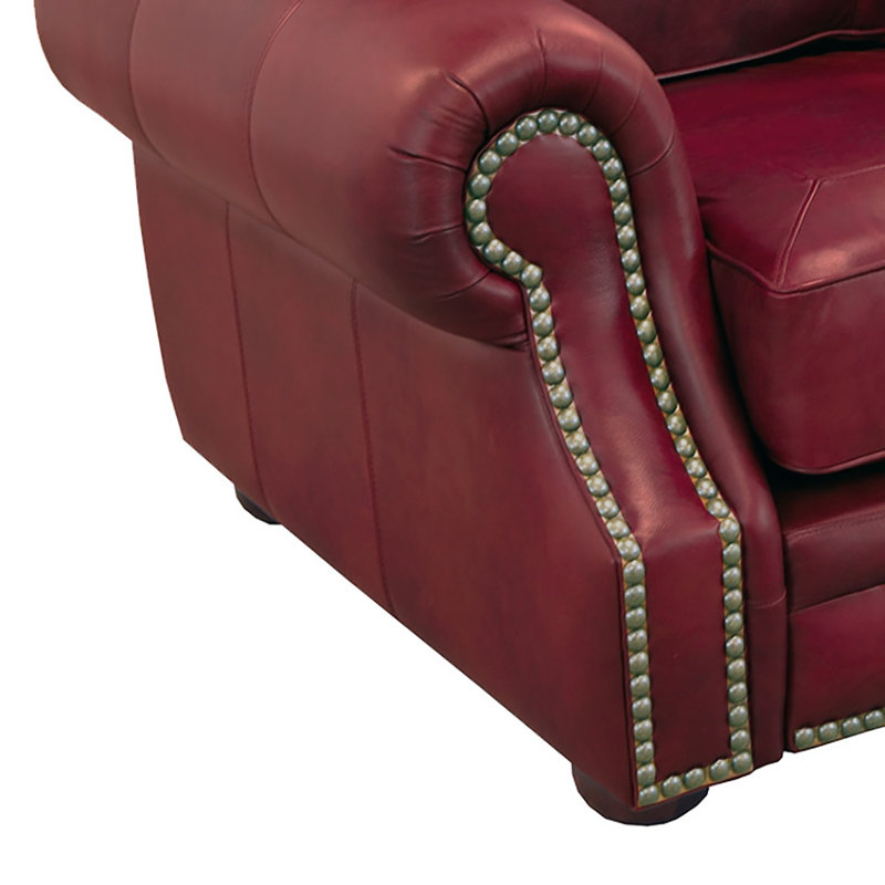 Fauteuil club en cuir véritable avec garniture cloutée 48 po Stana, Cuir véritable rouge foncé Brompton