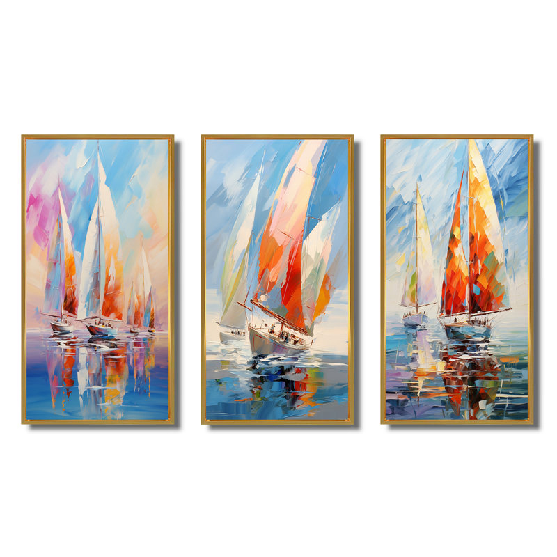 "Voiliers abstraits" - 3 pièces sur toile, Cadre flottant doré, H 40 po x l 60 po
