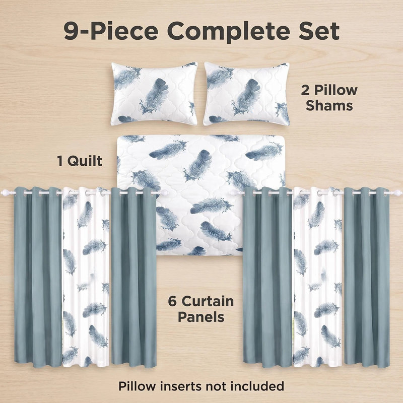 9-Piece White & Teal Feather California King Quilted Bedspread Set with Matching Light-Filtering Curtains, CAL KING