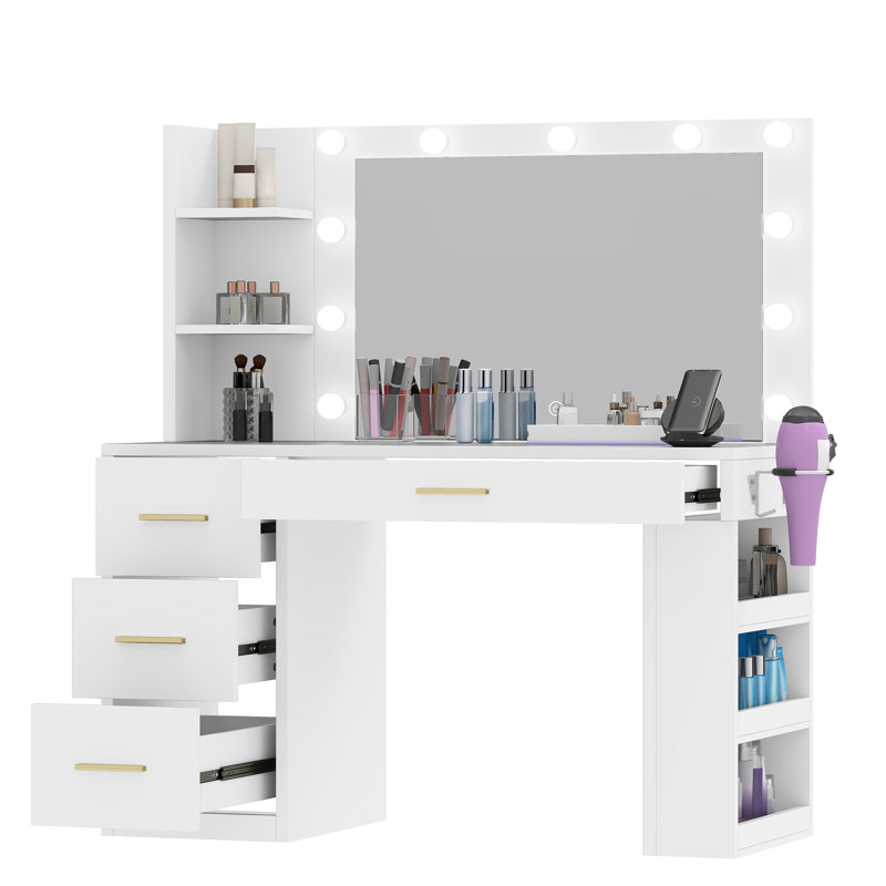  Coiffeuse 39,5 "avec ampoule et 4 tiroirs, Blanc