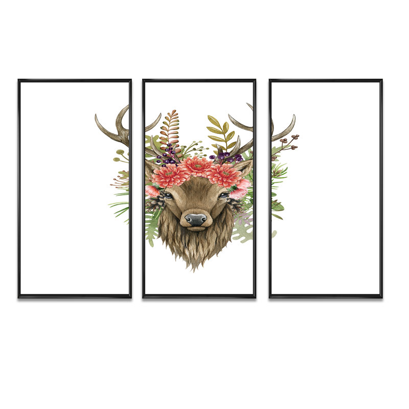 Portrait de cerf avec fleurs - ensemble d'art mural sur toile traditionnel encadré de 3, L 36 po x H 28 po x P 1 po, Noir