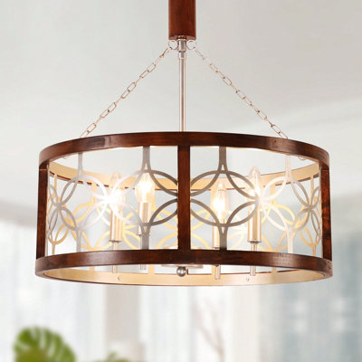 Farmhouse Antique 4-Light Drum Wood Accents Chandelier