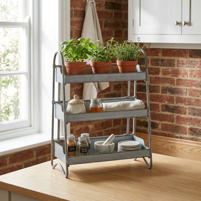 Emilia Tabletop Shelf, 3 Tier Farmhouse Metal Folding Display Stand Gray for Décor & Organization
