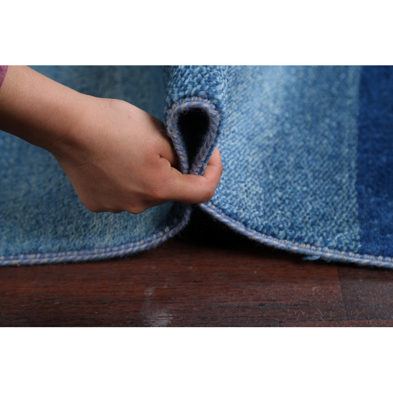 Tapis bleu en laine noué à la main de conception unique 6 pi 9 po x 9 pi 5 po New Age