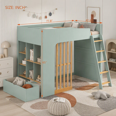 Loft Bed with Shelves, Wooden High Sleeper Loft Bed with Ladder and Storage Shelves