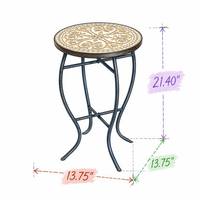 Table d'appoint d'extérieur ronde avec plateau de style mosaïque et pieds incurvés en fer