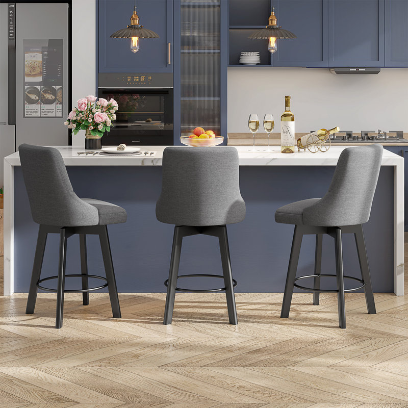 Dark Gray Fabric Upholstered Swivel Counter Stools with Wood Legs, Set of 2