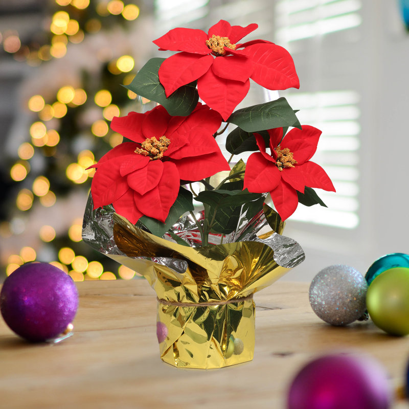 9,5 "artificiel rouge poinsettia avec 3 fleurs en pot (ensemble de 6)