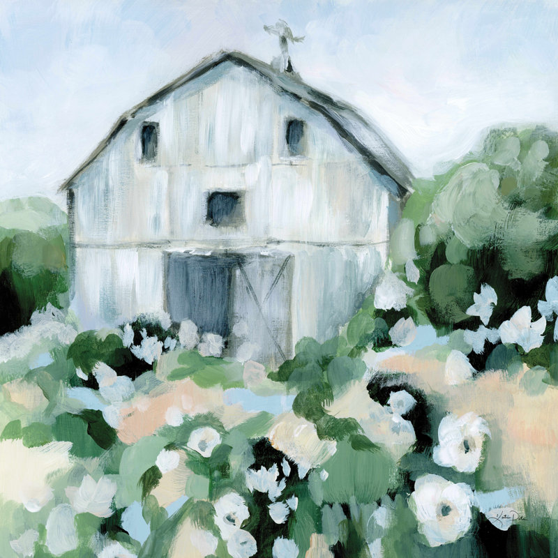«Summer Barn» par Katrina Pete - peinture sur toile tendue, H 12 po x l 12 po