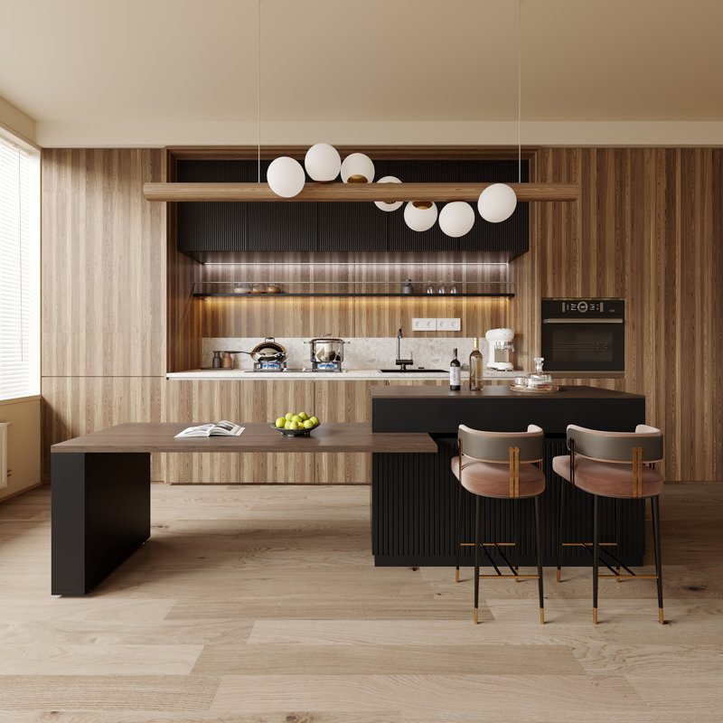 64"-114" Expandable Kitchen Island With Manufactured Wood Top, Wine Bar, 3 Storage Cabinets And Drawers For Open-Concept Kitchens, Home Bar