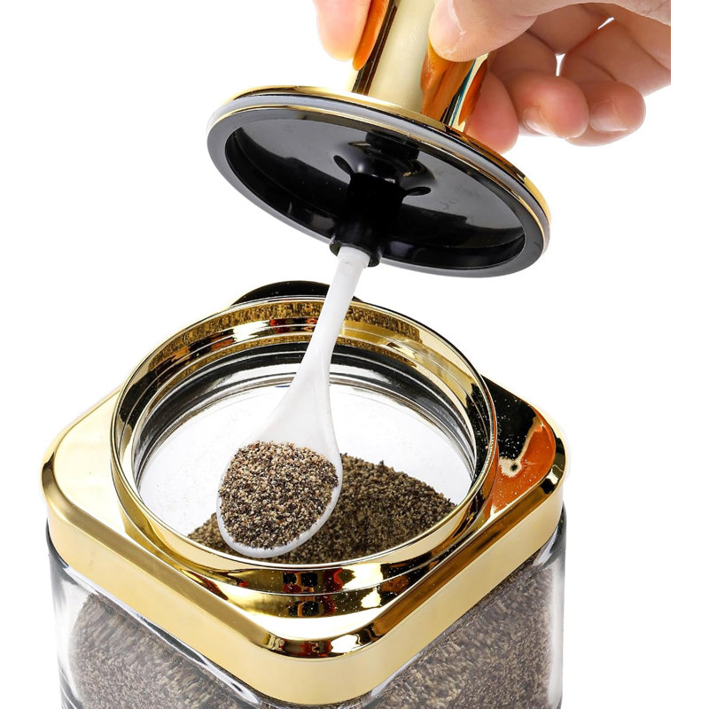2 Pack Glss Condiment Pot, 12 Ounce Gold Spice Jars With Spoon, Seasoning Box Set Salt Container, Sugar Dispense, Kitchen Containers For Flour And Sugar