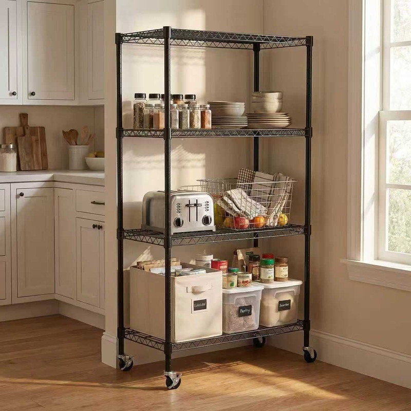 Étagère grillagée à 4 niveaux avec roulettes, l 35,43 po x P 17,72 po x H 66,54 po, noir, Noir