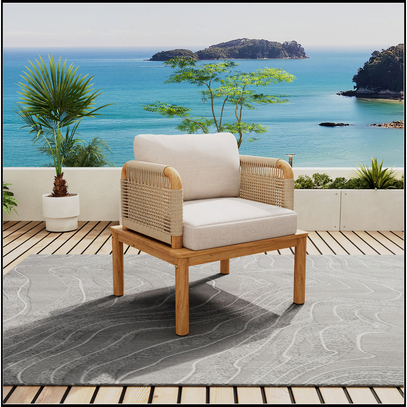 Fauteuil club d'extérieur en bois d'acacia et corde avec coussins (simple)