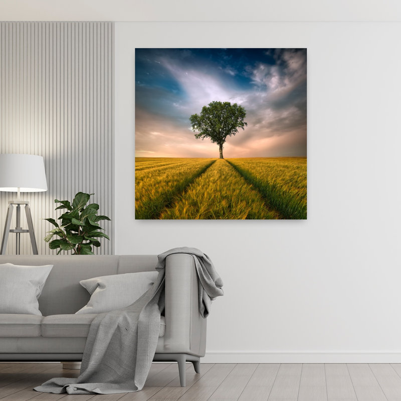 Golden Field Solitary Tree Dramatic Peaceful Serene Landscape Nature Wall Art Print 1 Piece Wrapped Canvas Wall Art