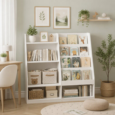Kids 4-Tier Bookshelf and Toy Storage Organizer, Multifunctional Wooden Book Shelf, White