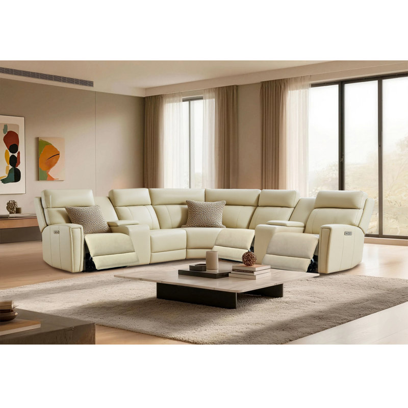 Ensemble de salon Avani 7 pièces, 2 fauteuils inclinables électriques, canapé d'angle inclinable en cuir, appuie-tête électrique