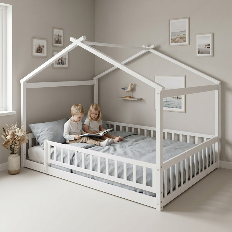 Lit en bois pleine grandeur de style maisonnette avec clôture de sécurité, couleur: blanc pur, Lit double, Blanc