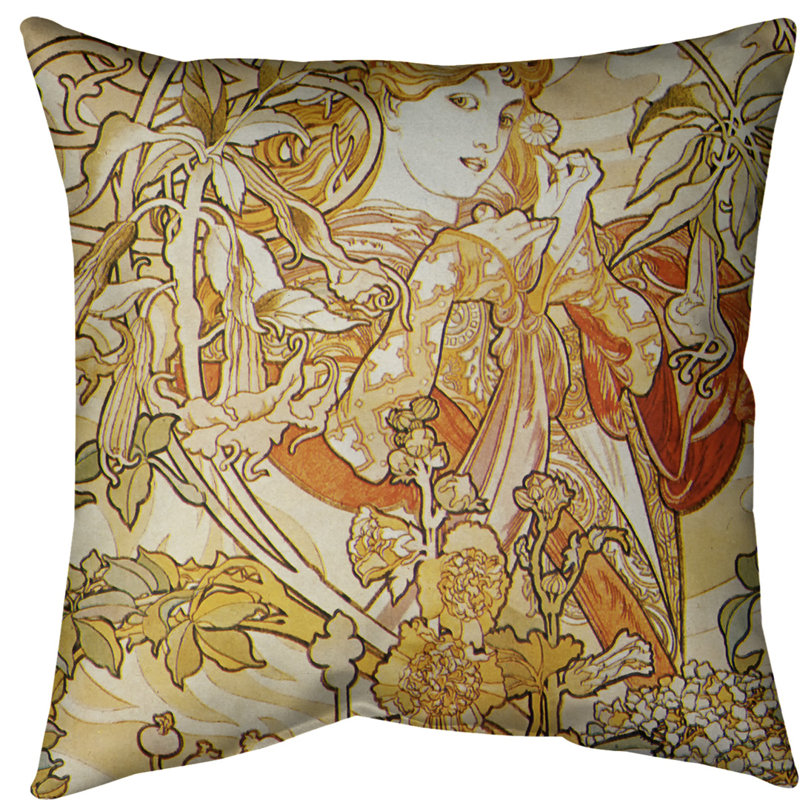 Alphonse Mucha Reversible Throw Pillow, 14" x 14", Down Alternative