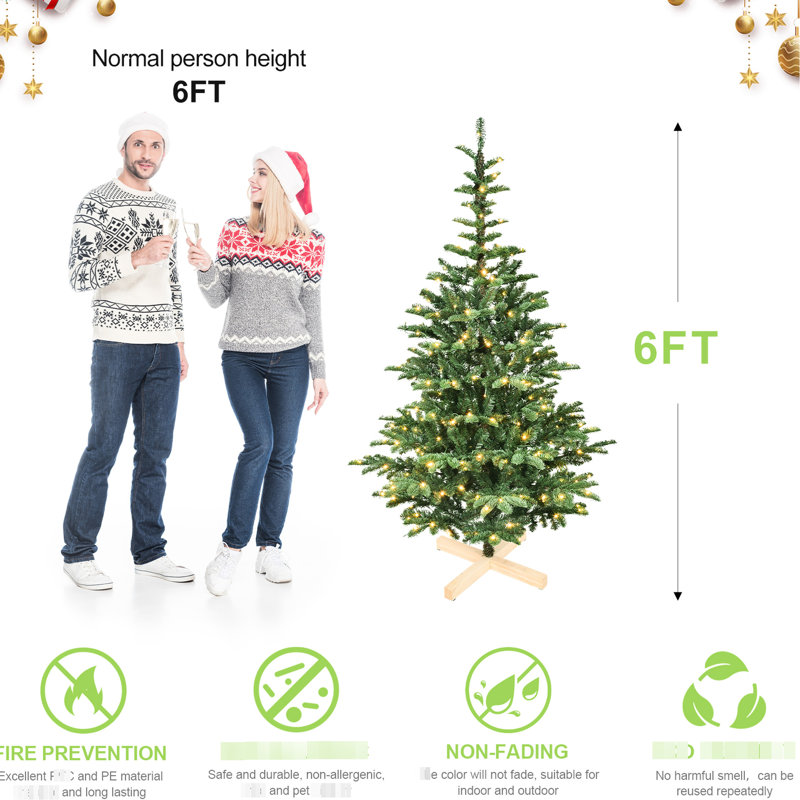 Arbre de Noël de 7 pi avec 400 lumières DEL blanc chaud, 941 pointes Pe +, base en bois pour Noël artificiel festif, décoration de branche