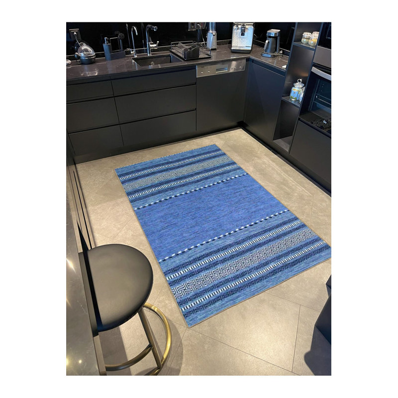 Tapis tissé à rayures bleu lavable à la machine, Sous-tapis carré 3 pi 3 po inclus