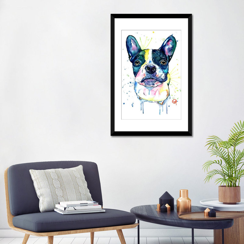 « juno the frenchton », impression sur toile tendue, H 32 po x l 24 po x P 1 po, Papier d'art encadré noir, Blanc