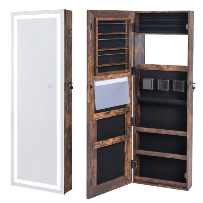 Armoire à bijoux en miroir avec miroir pleine longueur et 2 lumières DEL internes, Brun rustique