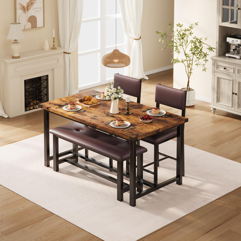 Ensemble de table de salle à manger 4 pièces, table de salle à manger en bois avec 2 chaises rembourrées et banc, ensemble de table de salle à manger peu encombrant pour la cuisine, la salle à manger, les appartements et les petits espaces