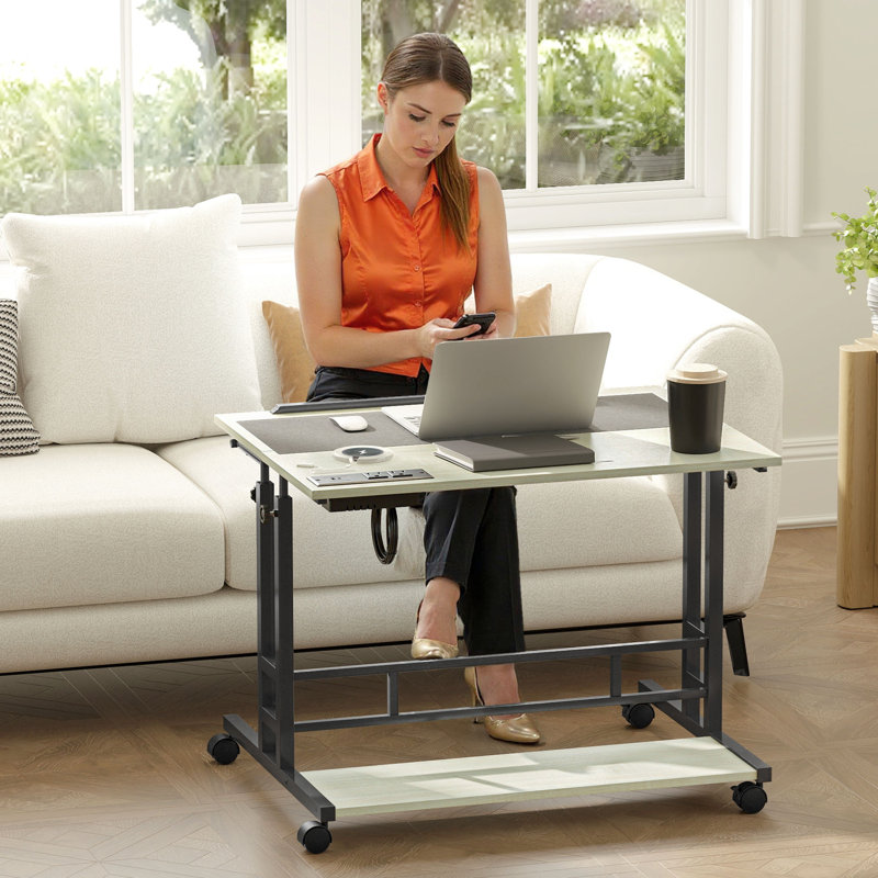 Bureau debout avec prises de courant, bureau à hauteur réglable avec plateau inclinable, roulettes verrouillables, tablette, pour bureau personnel, chêne