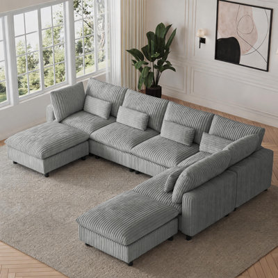 130‘’ Inch Deep Seat Modular Corduroy Sectional Sofa with Storage Arm USB Charging and Movable Ottomans