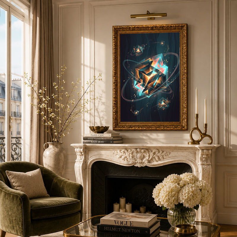 Art mural sur toile en forme de cristal géométrique rougeoyant et cyan, 18"H x 12"W