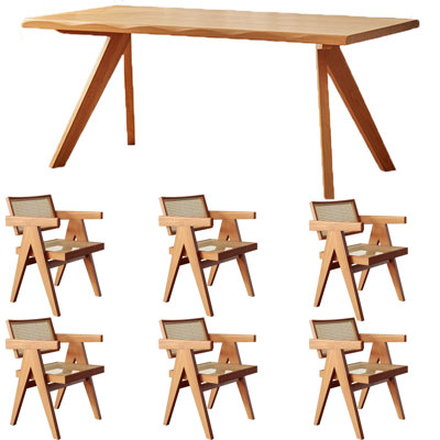 Minimalist Natural Ash Wood Dining Table Set 6 - Person Solid Wood Top Four Leg Dining Set