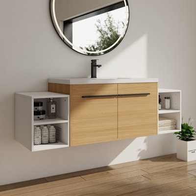 Ensemble de meuble-lavabo mural 60 po avec lavabo de comptoir en résine et 2 tablettes de rangement, 2 portes à fermeture douce (KD-Packing)