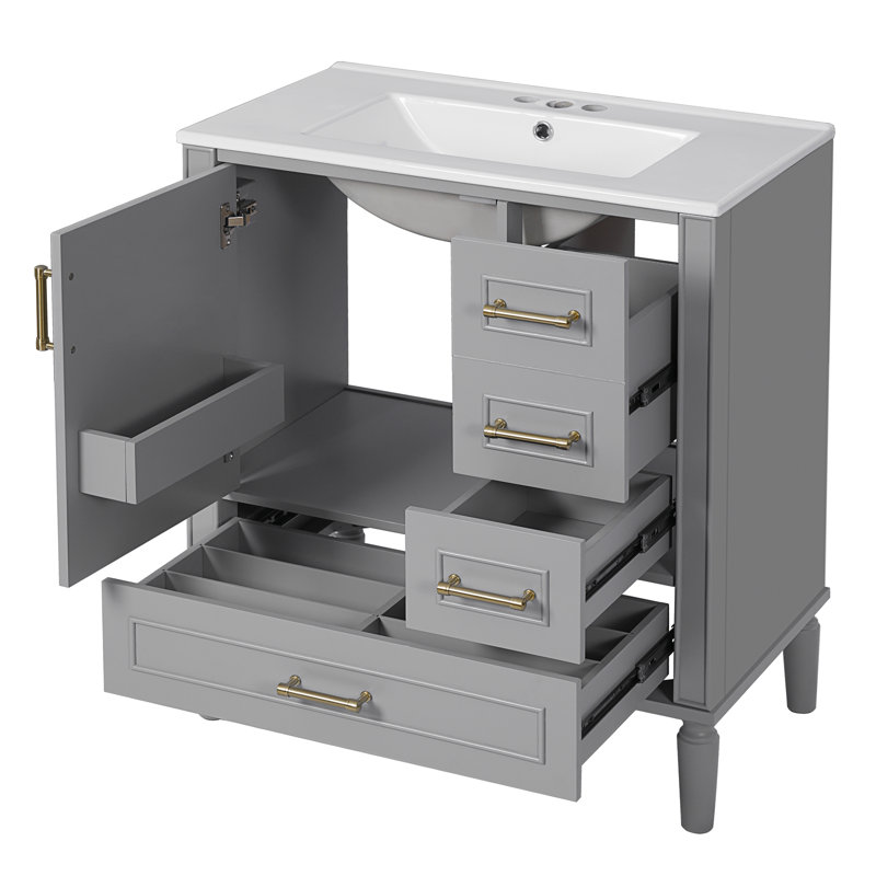 Meuble-lavabo fonctionnel avec lavabo en céramique, porte à fermeture en douceur, tiroirs multiples, rangement spacieux et design moderne pour une mise à niveau pratique de la salle de bain