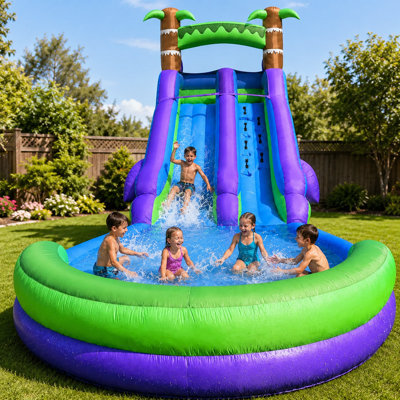 22FT Jungle Adventure Inflatable Water Slide with Climbing Wall, Splash Pool and Blower for Backyard Fun