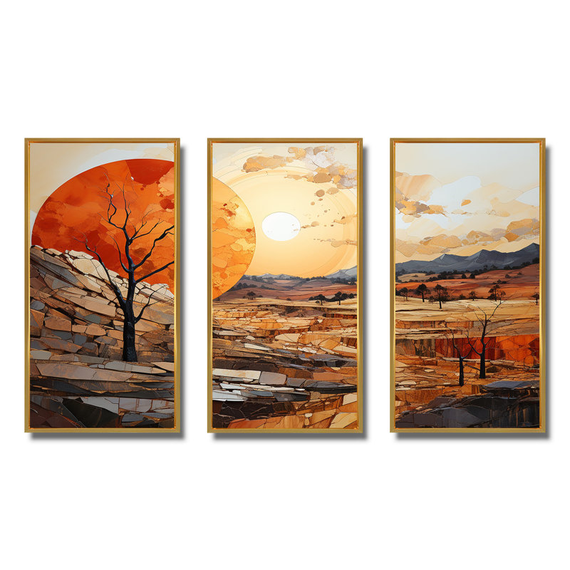 Orange Sunset, paysage abstrait, art mural Meadow - Paysage abstrait, Cadre flottant doré, H 32 po x l 48 po x P 1 po
