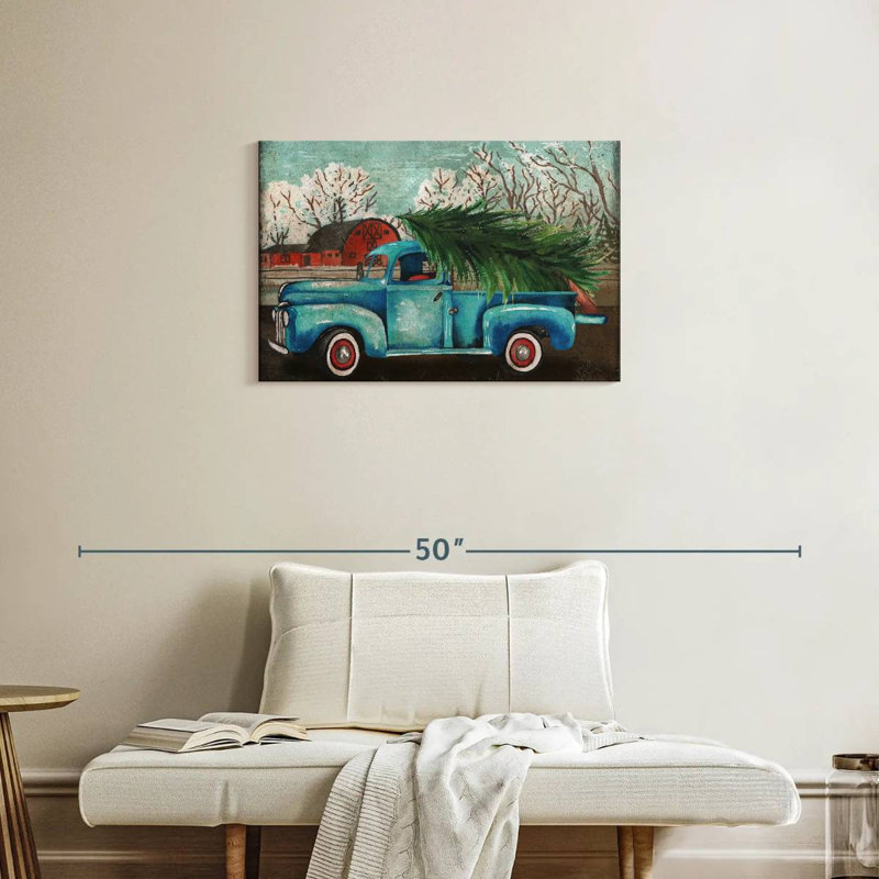 Camion bleu Mehar et arbre I, H 20 po x l 30 po