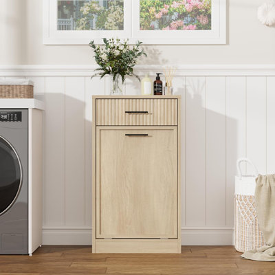 Armoire pour panier à linge inclinable 20 po x 14 po x 35 po avec porte cannelée élégante et grand rangement pour salle de bain, vestibule, vestibule, chêne