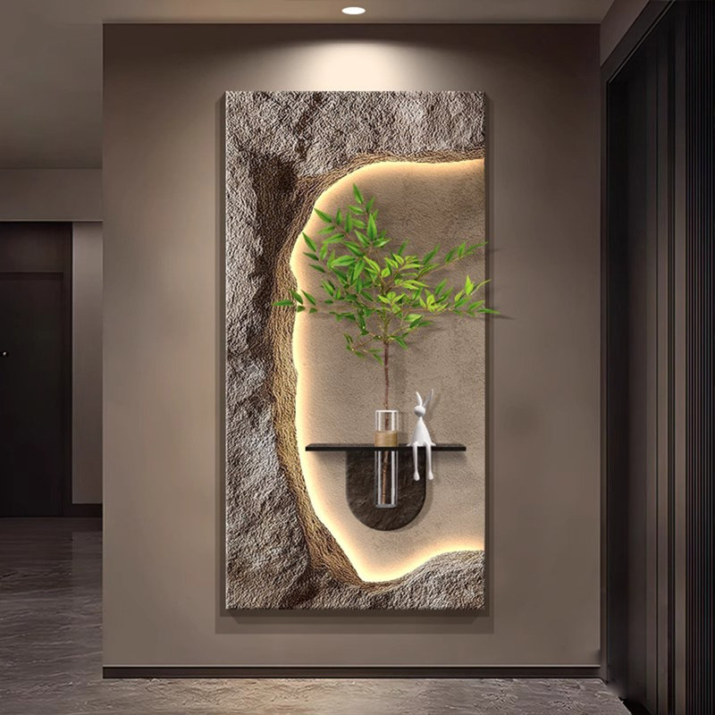 Luxe luxueux art mural en grès avec lumière DEL et pot à fleurs hydroponique - décor de vestibule / couloir