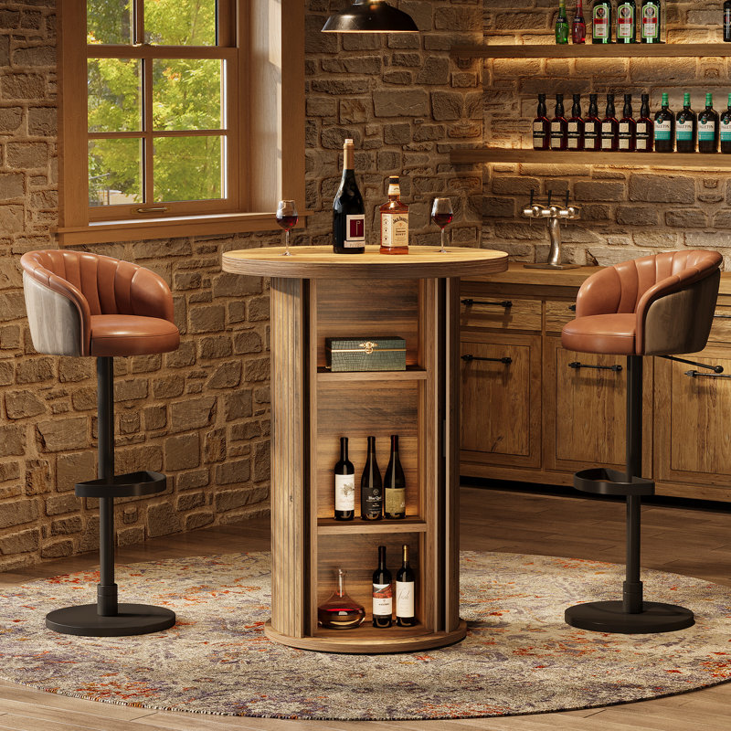 Rustic Brown Round Fluted Bar Table With 3-Tier Hidden Storage